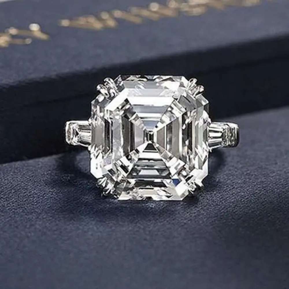 - Silver Halo Moissanite Ring with Asscher Cut Center Stone